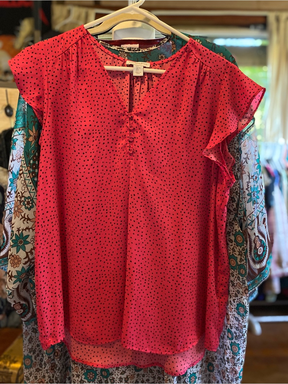 Carolina Belle Coral Dot Flutter-Sleeve Blouse